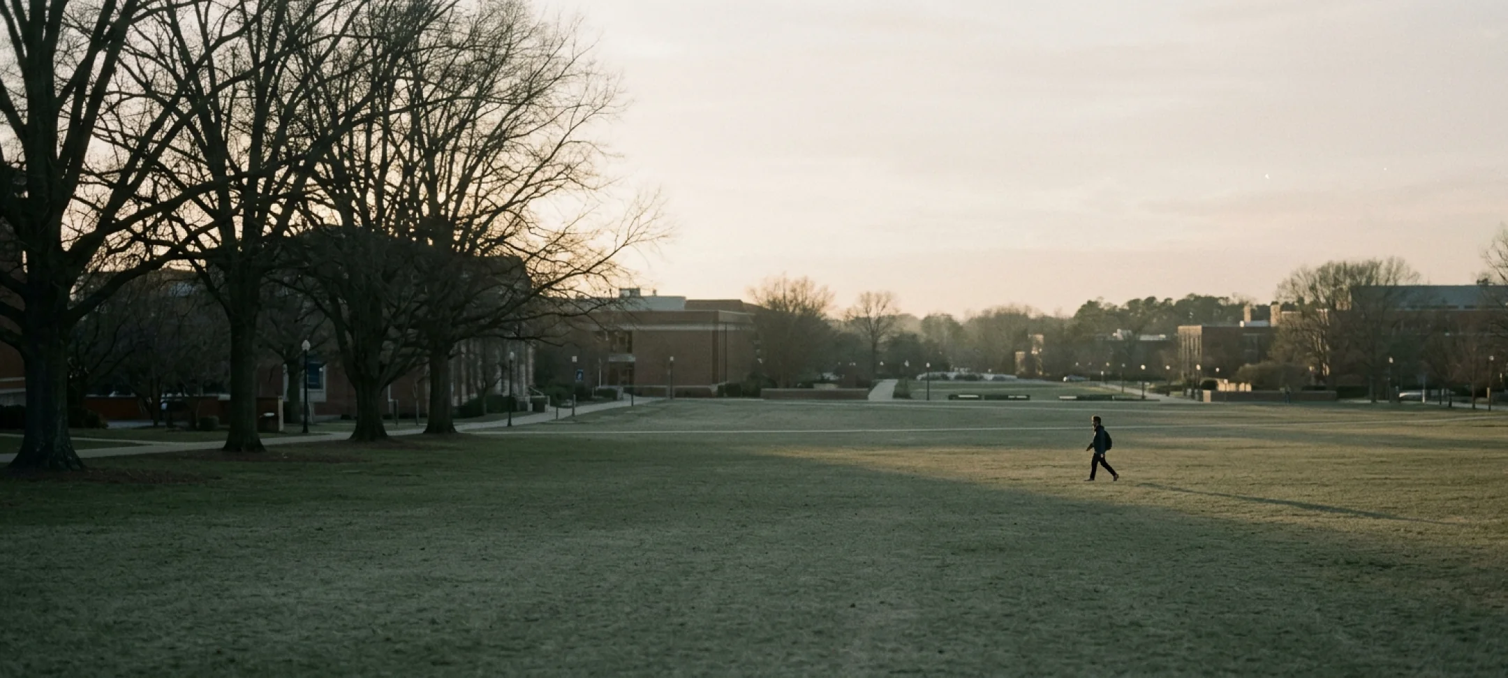 A campus lawn at dusk, one person walking across it