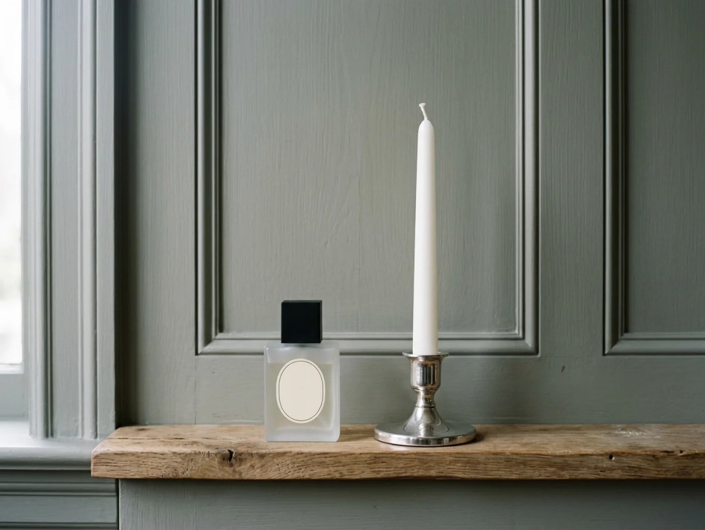A Fieldnote bottle and a candle on a wooden shelf against a paneled wall