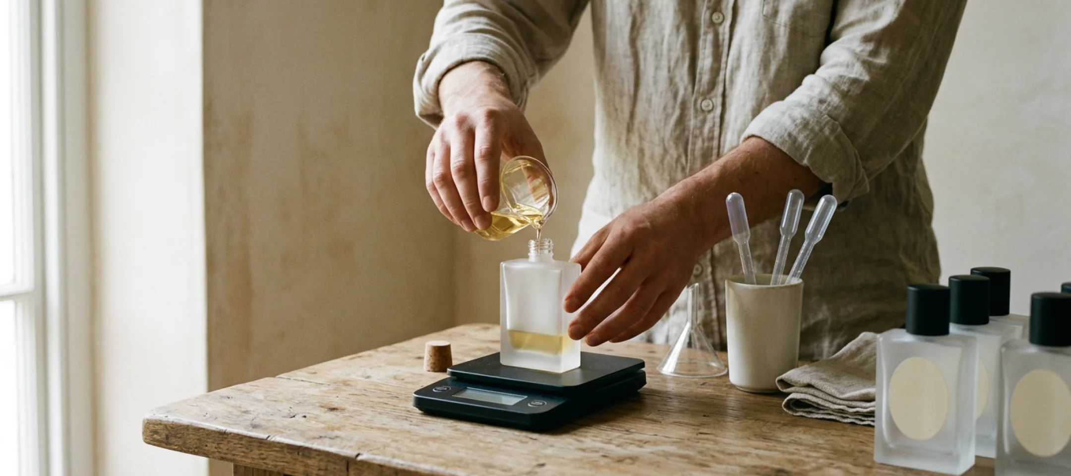 Pouring fragrance into a bottle on a scale at the bench
