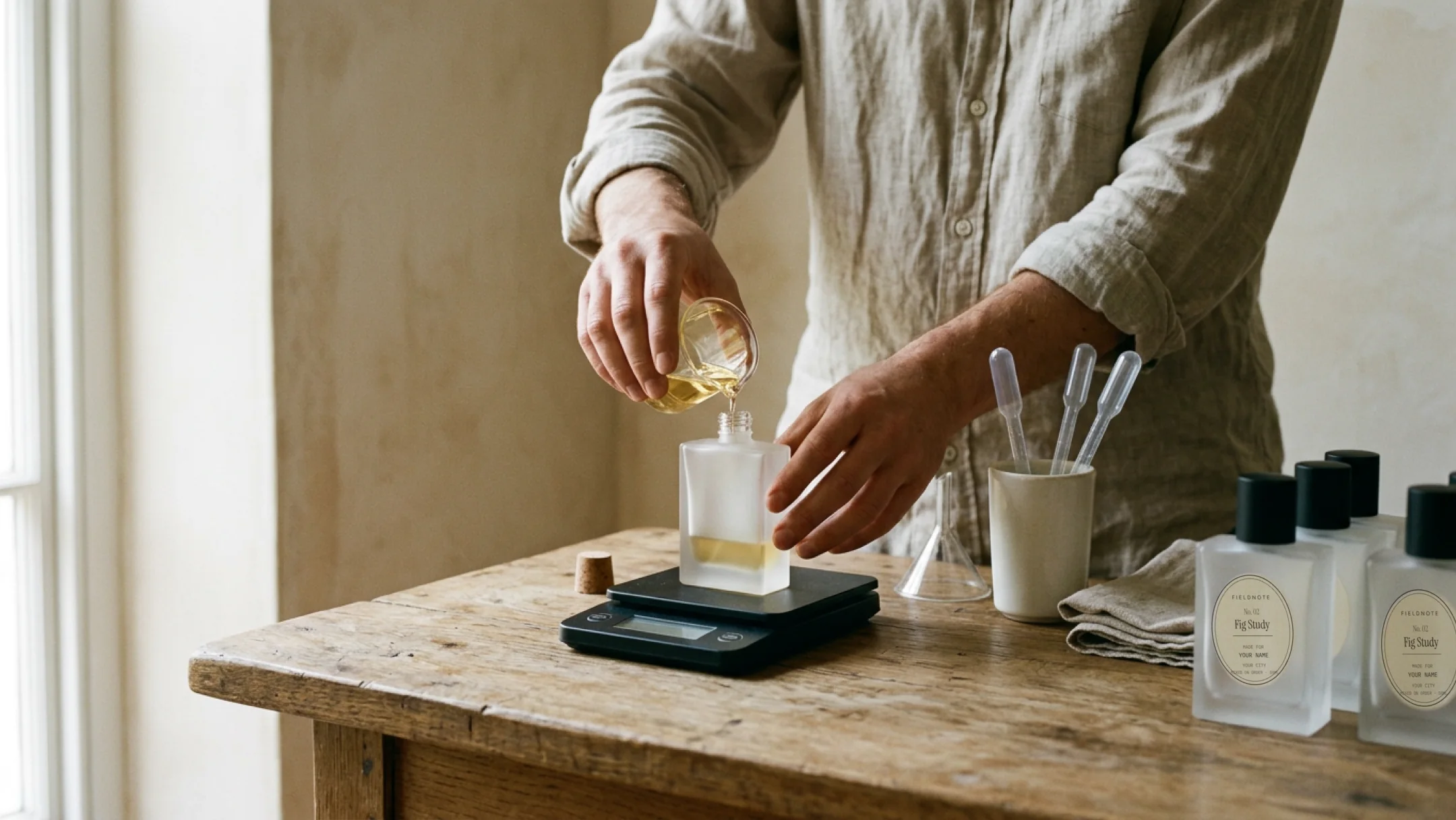 Hands pouring Fig Study into a bottle on a kitchen scale, finished labeled bottles on the bench