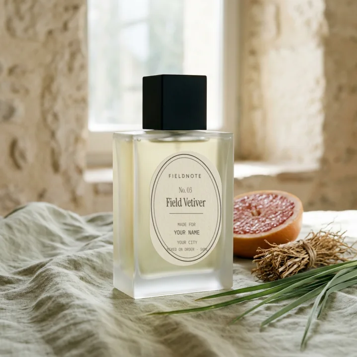 Field Vetiver eau de parfum, a frosted bottle with an oval Fieldnote label