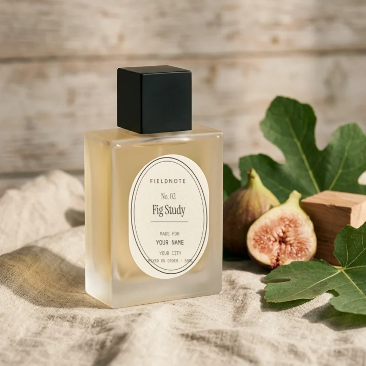 Fig Study eau de parfum, a frosted bottle with an oval Fieldnote label