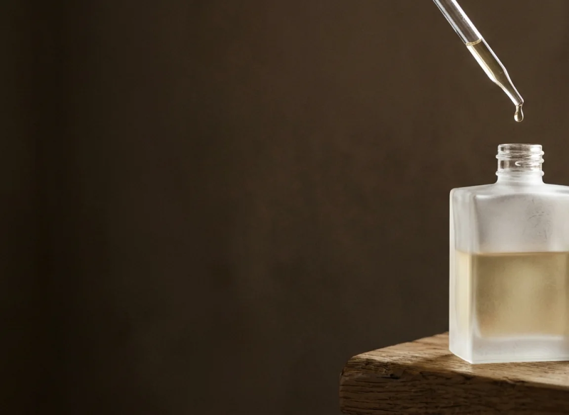A pipette letting a drop fall into a frosted glass bottle on a wooden stool