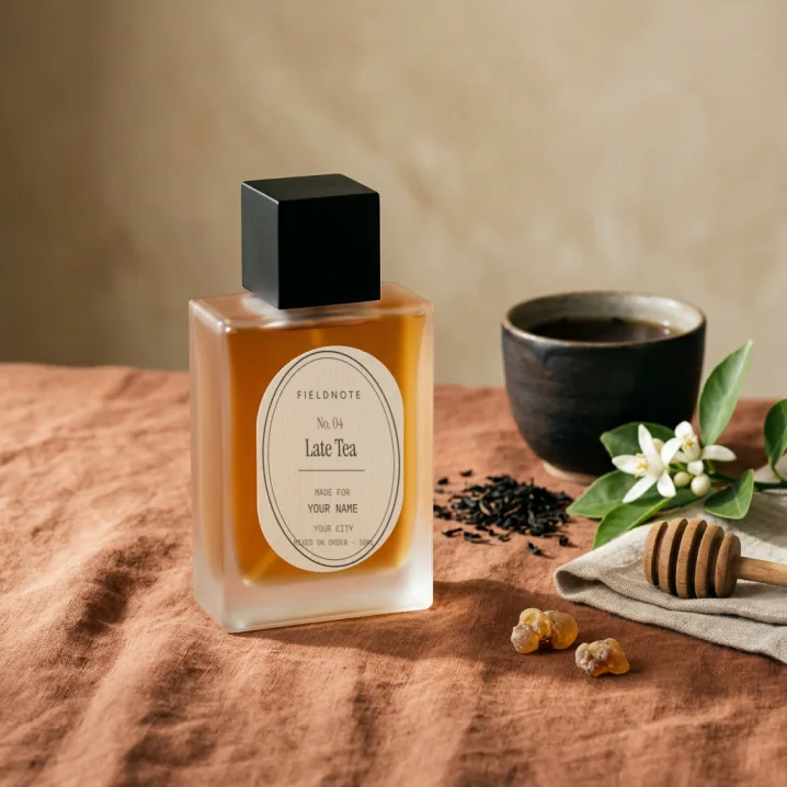 Late Tea eau de parfum, a frosted bottle with an oval Fieldnote label