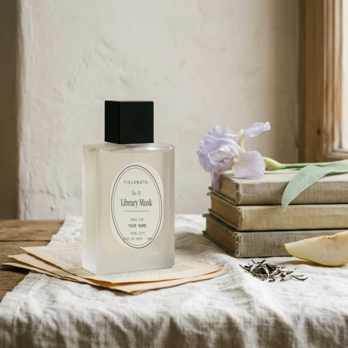 Library Musk eau de parfum, a frosted bottle with an oval Fieldnote label