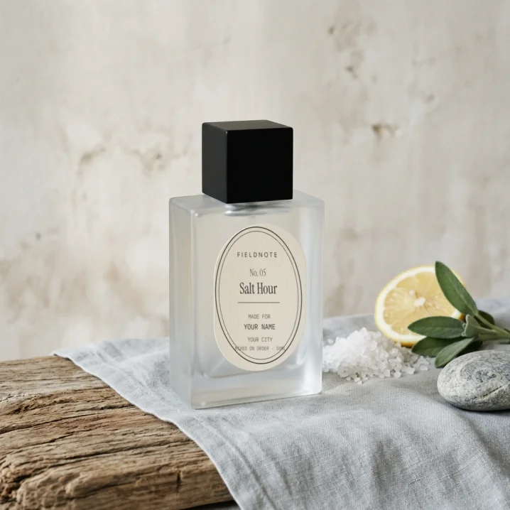 Salt Hour eau de parfum, a frosted bottle with an oval Fieldnote label